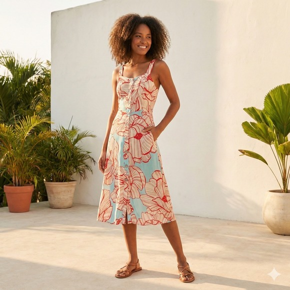 FARM Rio Dresses & Skirts - Farm Rio Floral Print Midi Dress Womens XS Red Blue Button Front Bohemian